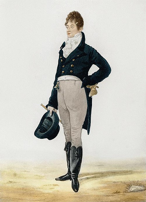 The British Dandy: Beau Brummell in a double-breasted sportscoat and odd trousers, in 1805. (Richard Dighton).