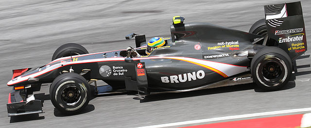 The Dallara-designed Hispania F110 chassis being driven by Bruno Senna before the 2010 Malaysian Grand Prix.