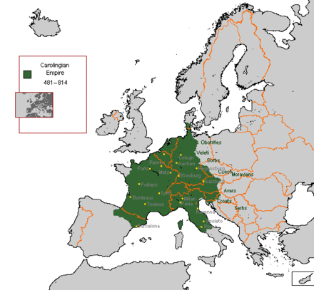 The Carolingian Empire under Charlemagne around 800 CE, with modern borders in orange.