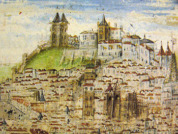 Antonio de Olanda.  Castillo de San Jorge en la parte central de la vista panorámica en miniatura de Lisboa del manuscrito "Crónica de Afonso Henriques", c.  1520