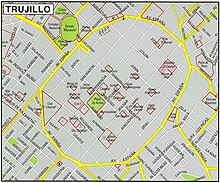 Map current Historic Centre of Trujillo, now Espana Avenue is over the place of the old wall of Trujillo CentroHistoricTrujilloMap.jpg
