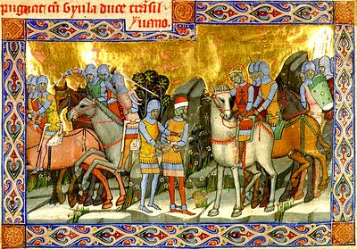 King Saint Stephen of Hungary captures his uncle Gyula, the ruler of Transylvania (Chronicon Pictum, 1358) Chronicon Pictum P040 Szent Istvan elfogatja Gyulat.JPG