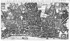 Image 10Ogilby & Morgan's map of the City of London (1673). "A Large and Accurate Map of the City of London. Ichnographically describing all the Streets, Lanes, Alleys, Courts, Yards, Churches, Halls, & Houses &c. Actually Surveyed and Delineated by John Ogilby, His Majesties Cosmographer.". (from History of London)