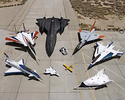 A collection of NASA experimental aircraft, including (clockwise from left) the X-31, F-15 ACTIVE, SR-71, QF-106, F-16XL, X-38, Radio Controlled Mothership, and X-36.