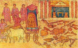 Dessin en couleur. À la droite, des outils se trouvent devant un temple. À la gauche, Des hommes s'éloignent avec un chariot.