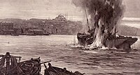 HMS E11 commanded by Martin Dunbar-Nasmith torpedoes the Stamboul off Constantinople, 25 May 1915. Drawing from the Illustrated London News. E11 in action.jpg