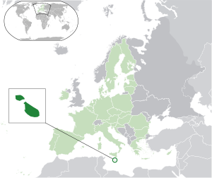 Расположение Мальты (тёмно-зелёный): — в Европе (светло-зелёный и тёмно-серый) — в Европейском союзе (светло-зелёный)