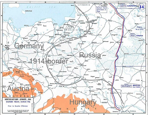 Blue and red lines: Eastern Front in 1916. Brusilov offensive takes place in lower right corner.