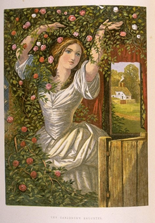 Jeune femme aux bras levés vêtue d'une robe blanche sous une tonnelle avec une porte de jardin ouverte montrant une ferme en arrière-plan