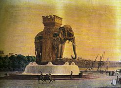 Proyecto de fuente conocido como Elefante de la Bastilla, de Jean-Antonie Alavoine (1812, no se llegó a finalizar).
