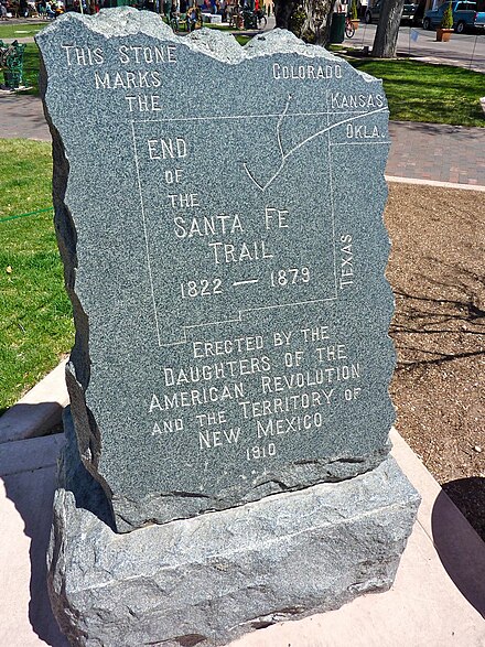End of the Santa Fe Trail marker on the Plaza in Santa Fe, New Mexico