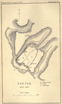 A 19th century depiction of Exeter's defences in the 11th century. Exeter 1068-1087, map published 1874.png