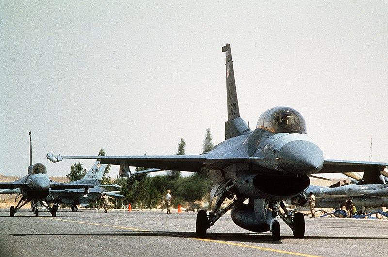 File:F-16 Fighting Falcon aircraft of the 33rd Tactical Fighter Squadron taxi on the runway during Exercise SHADOW HAWK'87, a phase of BRIGHT STAR'87. The US Central Command exercise rep - DPLA - a44b0f9607b85c9983fd07cbd5124336.jpeg