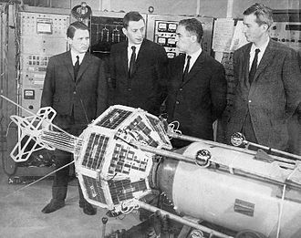 FR-1 mounted on a Scout rocket prior to launch in 1965; from left to right, C. Fayard, X. Namy, J. P. Causse, and L. R. O. Storey FR 1 assembly.jpg