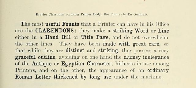 Clarendon in a Fann Street Foundry specimen book c. 1874, showing its use for emphasis within body text