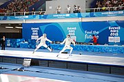 Deutsch: Fechten bei den Olympischen Jugend-Sommerspielen 2018: Tag 1, 7. Oktober 2018, Jungen, Säbel, Finale - Krisztián Rabb (HUN) - Hyun Jun (KOR) (USA) 15:13 English: Fencing at the 2018 Summer Youth Olympics at 7 October 2018 – Boys' sabre Gold medal match – Krisztián Rabb (HUN) Vs Hyun Jun (KOR) (USA) 15:13