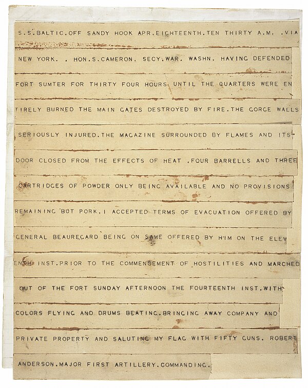 Robert Anderson's telegram announcing the surrender of Fort Sumter