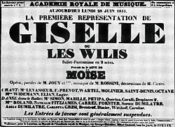 Boldlettered type of an announcement from the Academie Royale de Musique on 28 June 1841: La premiere representation de Giselle ou les Wilis, ballet-pantomime en 2 actes.