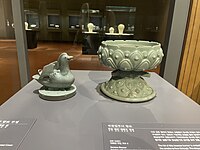 Goryeo celadon incense burner with duck lid on, 12th century, duck symbolizes a sacred guide to the sky on the way across a hwangcheon river after death