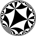 Tiling of hyperbolic plane by triangles: π/5, π/5, 0. Generated by Python code at User:Tamfang/programs.