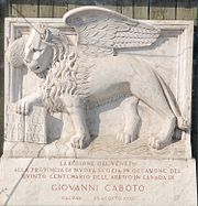 Gedenktafel zum 500. Jahrestag der Landung Cabotos am Hafen von Halifax; Stifter war die italienische Provinz Veneto, die Tafel ziert der Markuslöwe