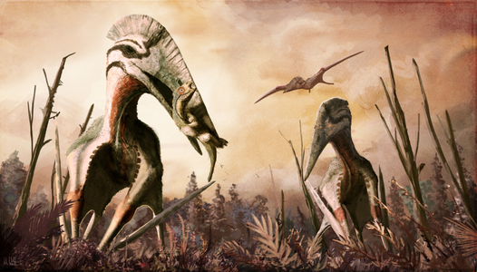 Vue d'artiste du ptérosaure Hatzegopteryx capturant le rhabdodonte nain Zalmoxes