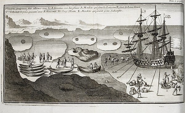 A European ship coming into contact with Inuit in the ice of Hudson Bay in 1697