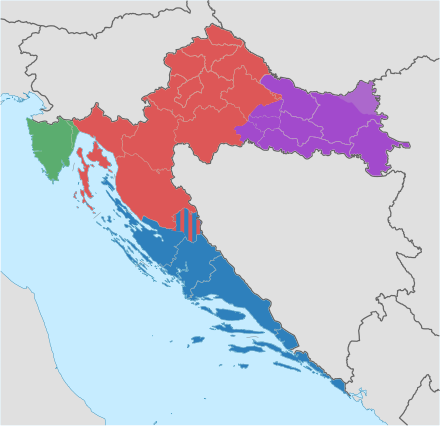 克罗地亚的传统地理大区划分：  克罗地亚本部   达尔马提亚   斯拉沃尼亚   伊斯特里亚