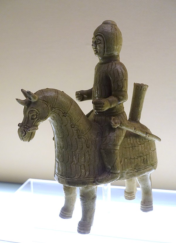 Terracotta statue of a Tang-era armoured horseman. Cavalry was scarce in native Chinese armies, and played a decisive role in battles. In contrast to 