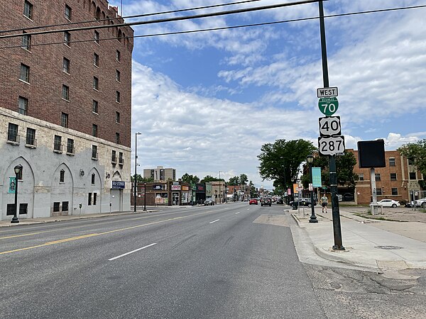 US 40 westbound concurrent with I-70 BL and US 287 on Colfax Avenue in Denver