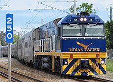 An anti-climber on the front of an Australian NR class diesel locomotive Indian Pacific train hauled by locomotive NR28 in new 2005 livery.jpg