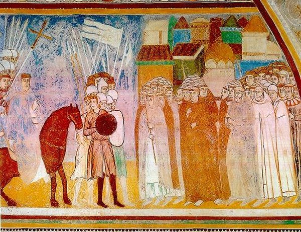 21 January 1277, after the victory obtained against the Della Torre in Desio, Archbishop Ottone Visconti enters Milan (14th-century fresco in the Rocc