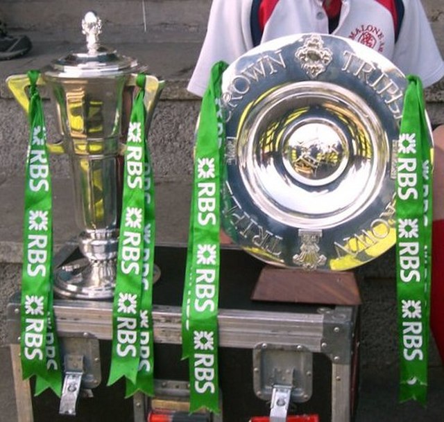 The Original Six Nations Championship Trophy (left, 1993–2014) and The Triple Crown Trophy