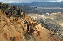 Heavily altered dike swarm of the Torfajokull caldera near Landmannalaugar, Iceland Is09216-Gory Teczowe.jpg