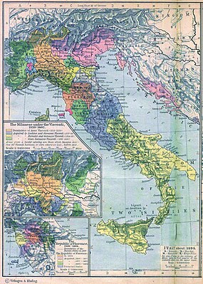 Map of 15th century Italy, showing many of the minor principalities that Monte Guano was based on. Italy 1494 shepherd.jpg