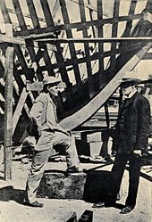 Jack London at the building of the Snark in 1906. Jack London the building of The Snark 1906.jpg