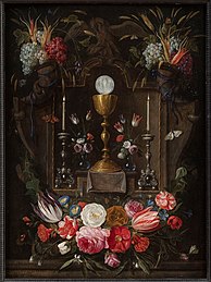 Altar niche with the symbols of the Eucharist with flowers and fruits label QS:Len,"Altar niche with the symbols of the Eucharist with flowers and fruits" circa 1650 date QS:P,+1650-00-00T00:00:00Z/9,P1480,Q5727902 . oil on panelmedium QS:P186,Q296955;P186,Q106857709,P518,Q861259. 36.9 × 27.3 cm (14.5 × 10.7 in). Noordbrabants Museum.