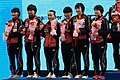 2017年のアジア選手権表彰式（左から3人目が伊藤美誠）