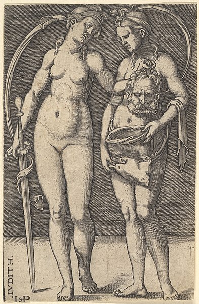 File:Judith standing to right and holding the head of Holofernes in her right hand and a sword in her left hand, her servant standing to right holding an open bag MET DP828523.jpg