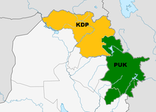 Area controlled by Kurds after the Iraqi Kurdish Civil War (area controlled after October 1991 is a combination of both KDP and PUK areas, controlled by Kurdish Peshmerga rebel forces KDP and PUK controlled areas of Kurdistan.png