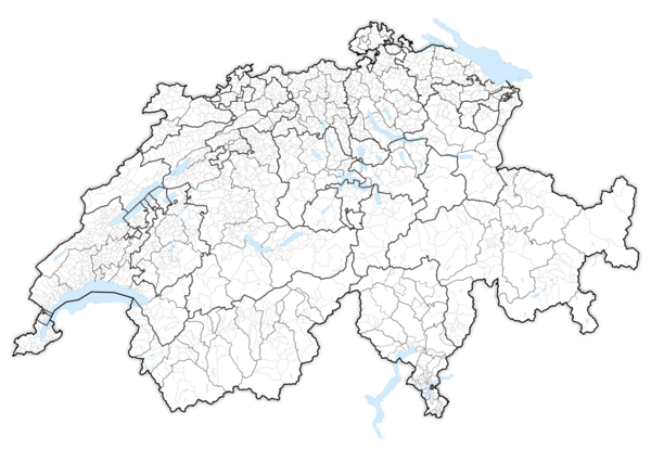 Map of Switzerland showing cantonal, districts and municipal boundaries (April 2021).