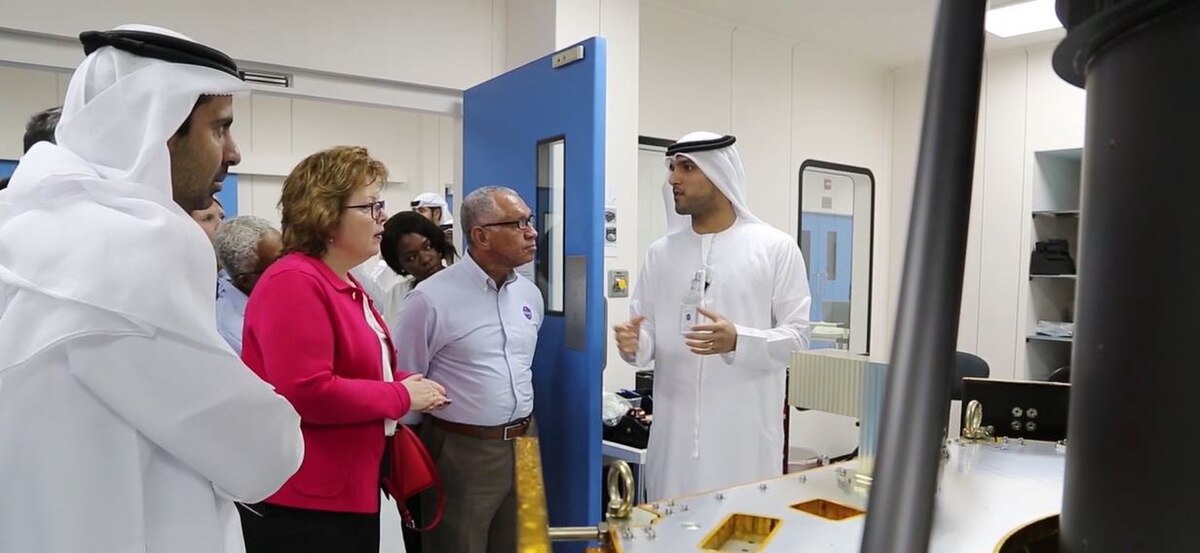 NASA's Chairman， Charles Bolden， being briefed about the KhalifaSat development during his visit to Mohammed bin Rashid Space Centre (MBRSC) - June 2016