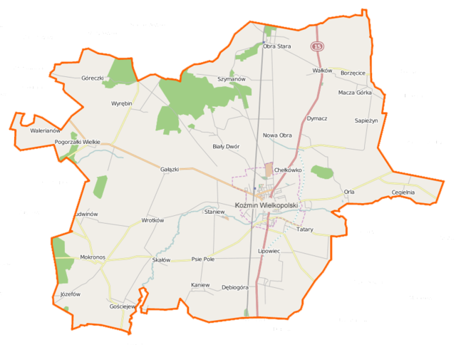 Mapa konturowa gminy Koźmin Wielkopolski, w centrum znajduje się punkt z opisem „Koźmin Wielkopolski”