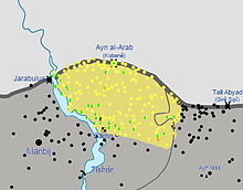 Kobani Canton after breaking the siege in April 2015; some towns at the outskirts are jointly controlled by FSA and YPG
.mw-parser-output .legend{page-break-inside:avoid;break-inside:avoid-column}.mw-parser-output .legend-color{display:inline-block;min-width:1.25em;height:1.25em;line-height:1.25;margin:1px 0;text-align:center;border:1px solid black;background-color:transparent;color:black}.mw-parser-output .legend-text{}
Controlled by the People's Protection Units
Controlled by the Syrian opposition
Controlled by Islamic State of Iraq and the Levant Kobani Canton post-siege, April 29, 2015.jpg