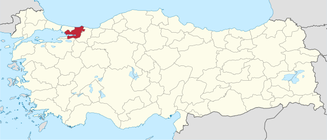 कोचेली प्रांतचे तुर्कस्तान देशाच्या नकाशातील स्थान