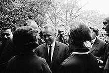 Soviet Premier Alexei Kosygin (in front) next to U.S. President Lyndon B. Johnson (behind) at the Glassboro Summit Conference Kosygin at the Glassboro Summit.jpg