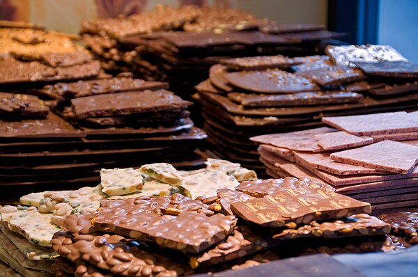 A variety of chocolate barks sold in a Zurich store