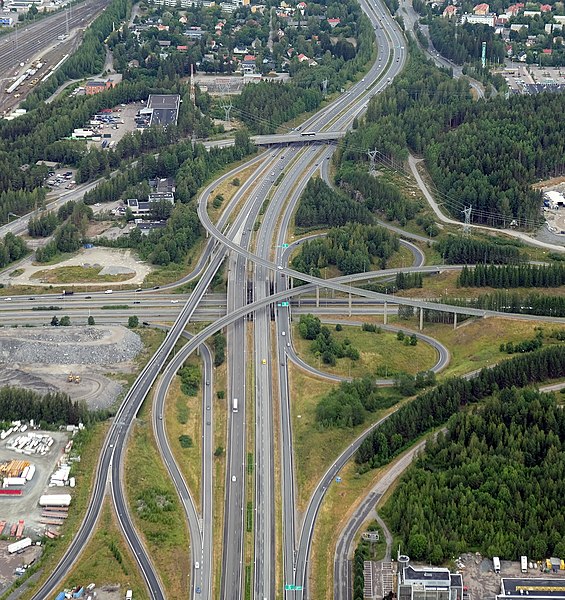 An aerial view of the Lakalaiva interchange in the Tampere Ring Road between the Highway 3 (E12) and Highway 9 (E63) near city of Tampere. 61°27′46″N 