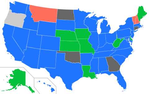 Map of the 2016 vote for the presidential nomination. First place by delegate votes.
.mw-parser-output .legend{page-break-inside:avoid;break-inside:avoid-column}.mw-parser-output .legend-color{display:inline-block;min-width:1.25em;height:1.25em;line-height:1.25;margin:1px 0;text-align:center;border:1px solid black;background-color:transparent;color:black}.mw-parser-output .legend-text{}
Gary Johnson (36)
Austin Petersen (9)
John McAfee (3)
No vote (1)
Tie (4) Libertarian Party presidential primary results by delegate roll call, 2016.svg