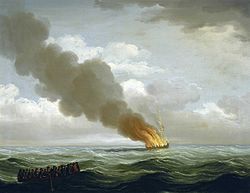 The loss of the slave ship Luxborough Galley in 1727 ("I.C. 1760"), lost in the last leg of the triangular trade, between the Caribbean and Britain. Luxborough galley burnt nearly to the water, 25 June 1727.jpg
